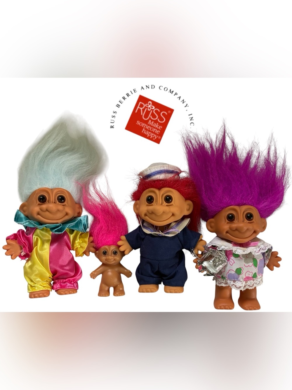 VINTAGE RUSS TROLLS FIGURINE BUNDLE PURPLE RED PINK BLUE CLOTHING CLOWN SAILOR